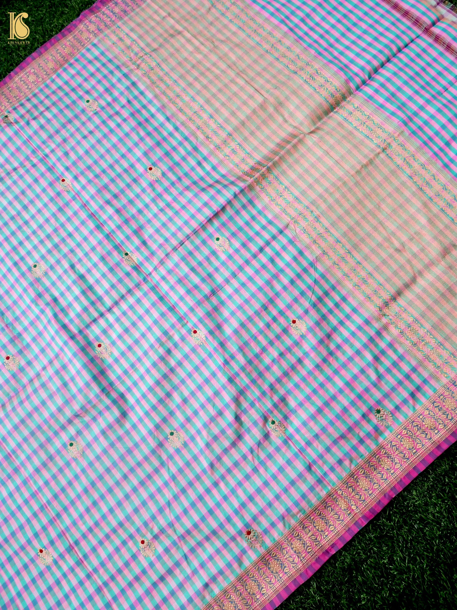 Banarasi Katan Silk Kadwa Charkhana Dupatta in Pink Teal Check