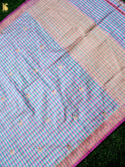 Banarasi Katan Silk Kadwa Charkhana Dupatta in Pink Teal Check