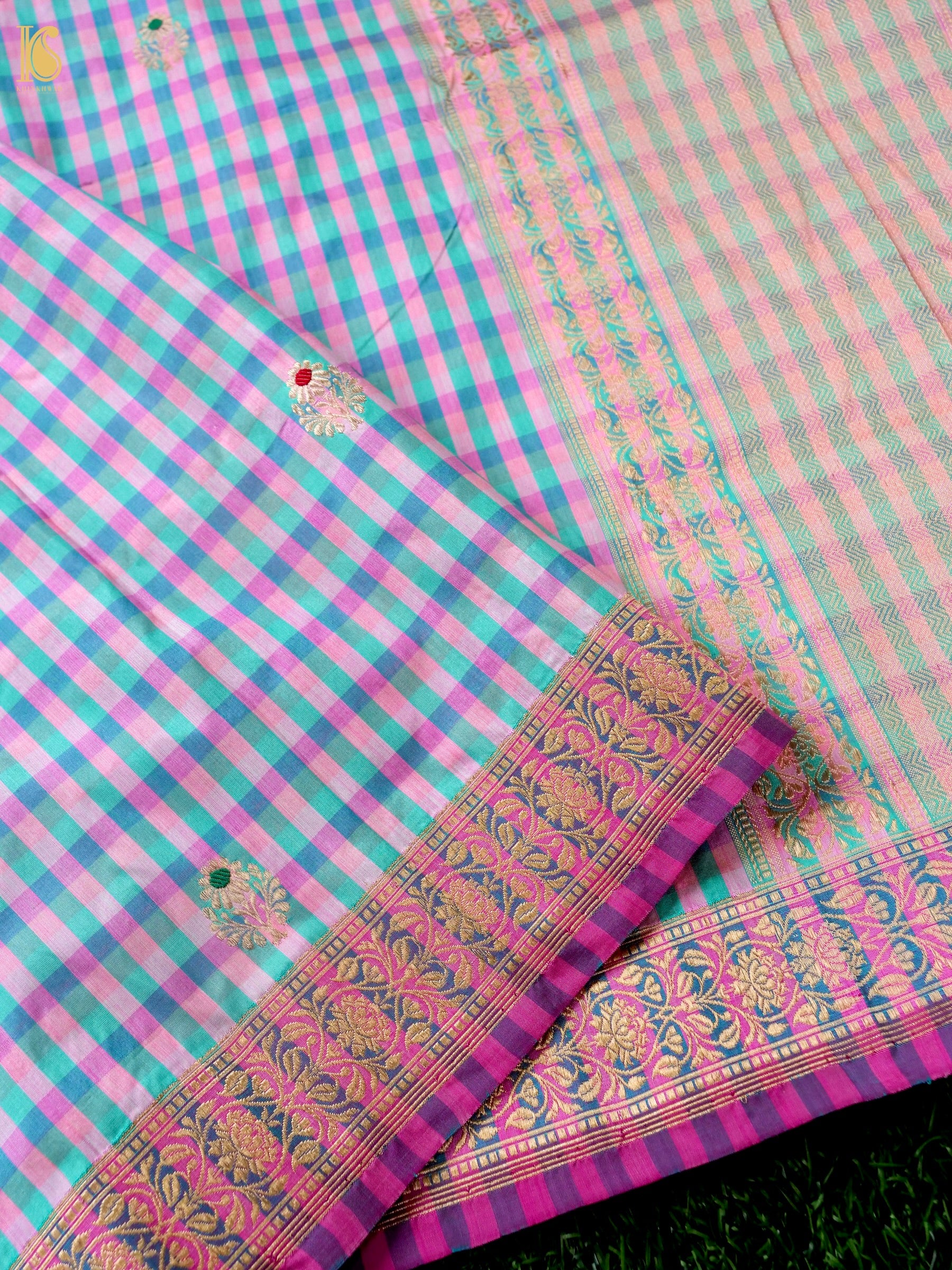 Banarasi Katan Silk Kadwa Charkhana Dupatta in Pink Teal Check