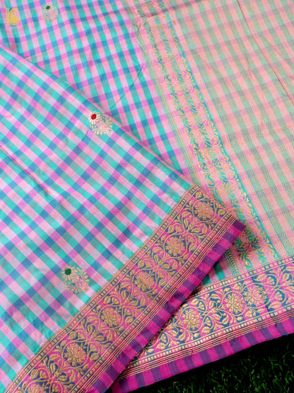Banarasi Katan Silk Kadwa Charkhana Dupatta in Pink Teal Check