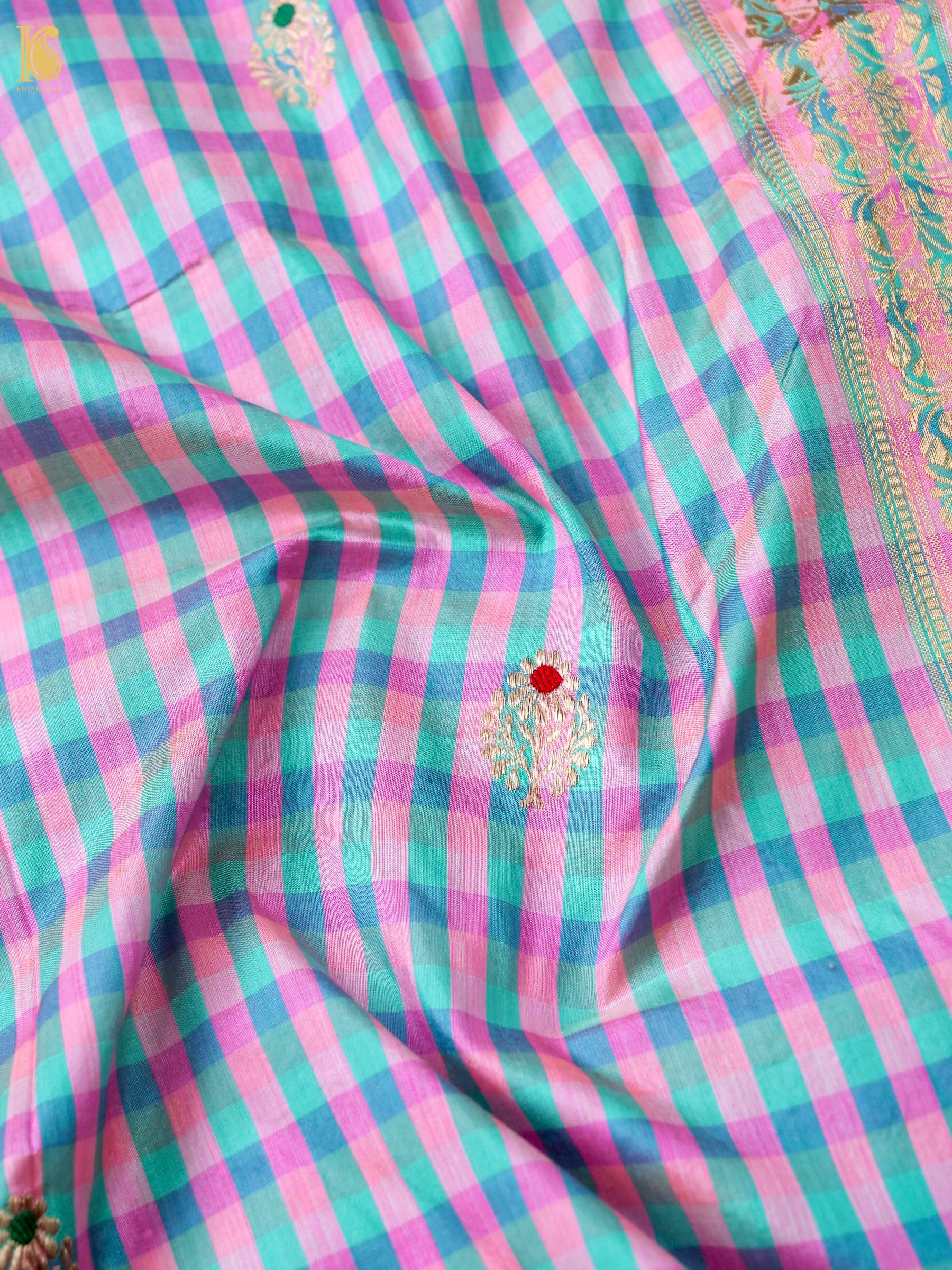 Banarasi Katan Silk Kadwa Charkhana Dupatta in Pink Teal Check