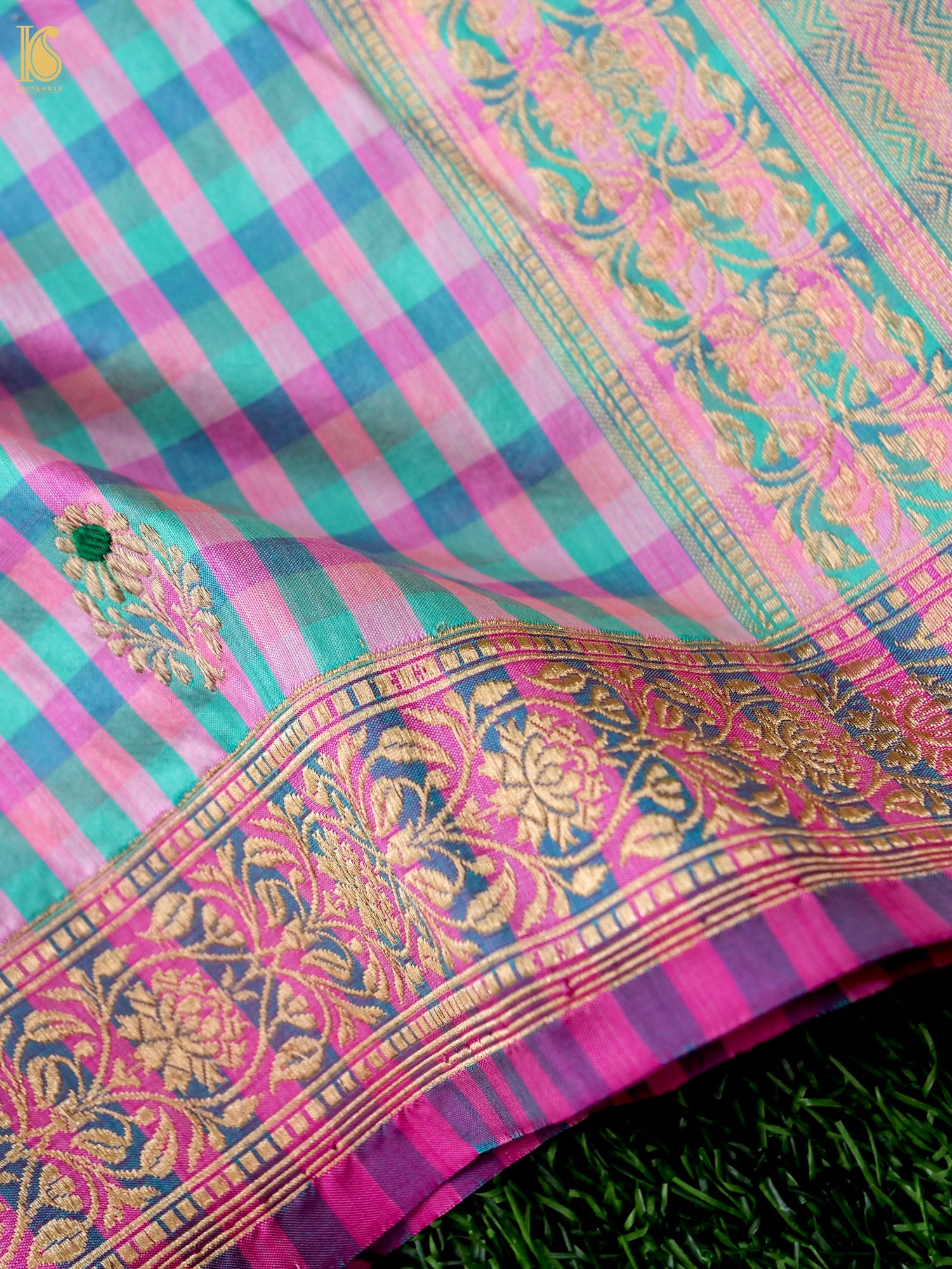 Banarasi Katan Silk Kadwa Charkhana Dupatta in Pink Teal Check