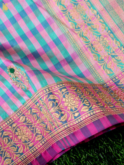 Banarasi Katan Silk Kadwa Charkhana Dupatta in Pink Teal Check