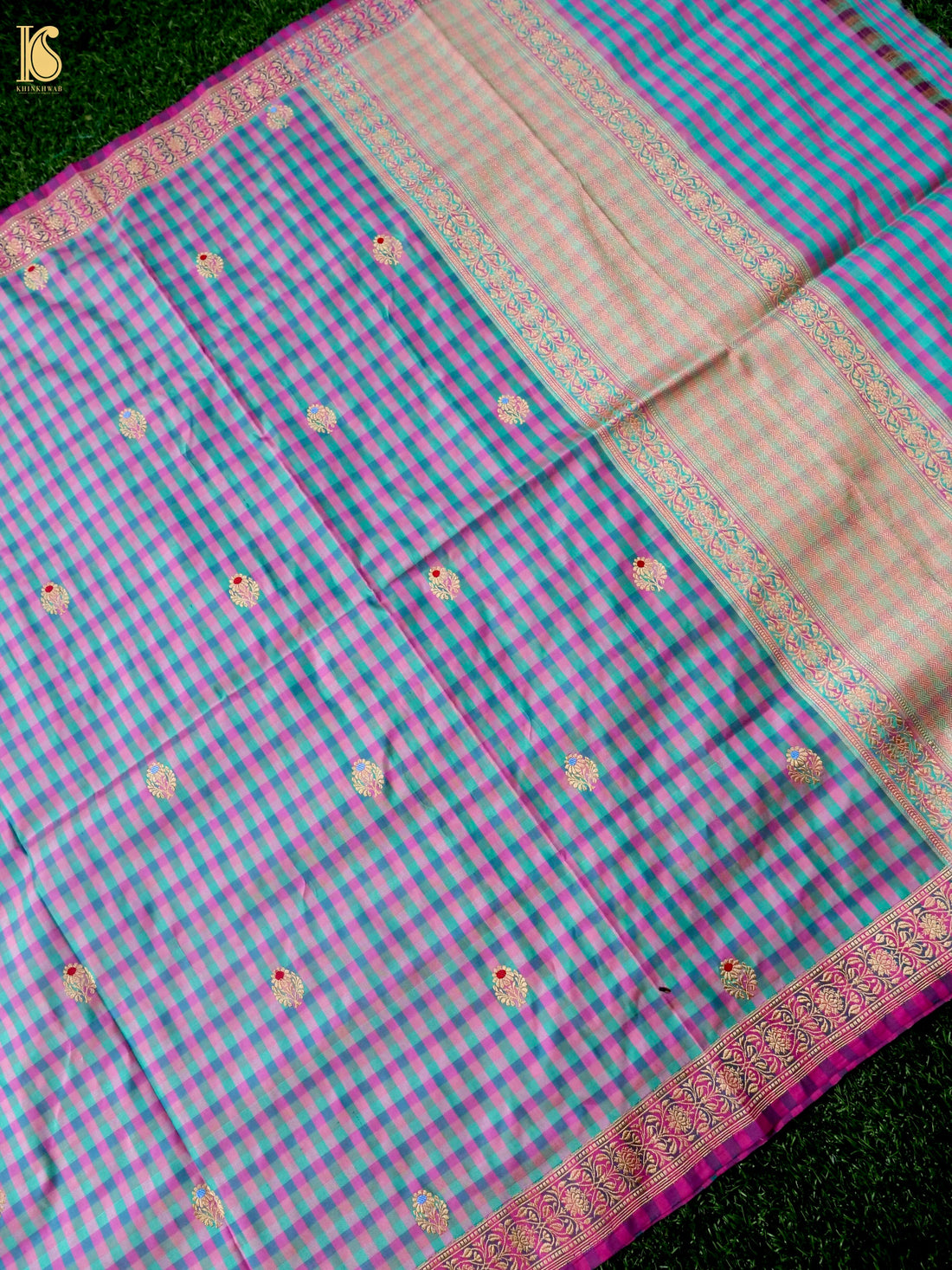 Banarasi Katan Silk Kadwa Charkhana Dupatta in Teal Pink Check