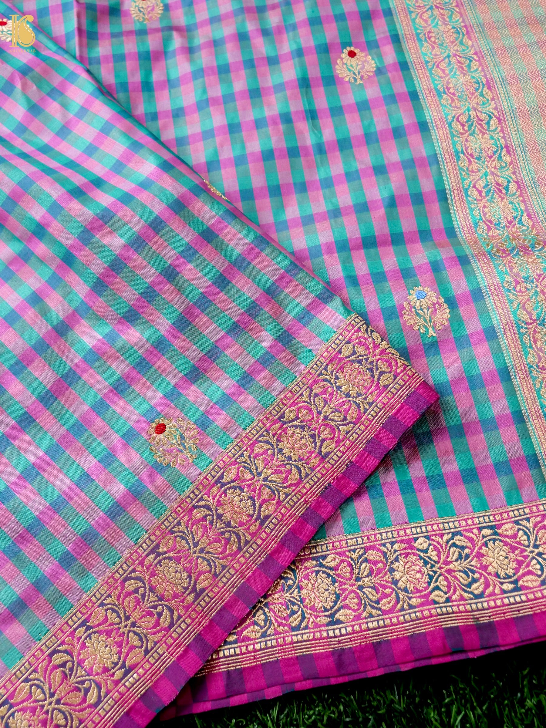 Banarasi Katan Silk Kadwa Charkhana Dupatta in Teal Pink Check
