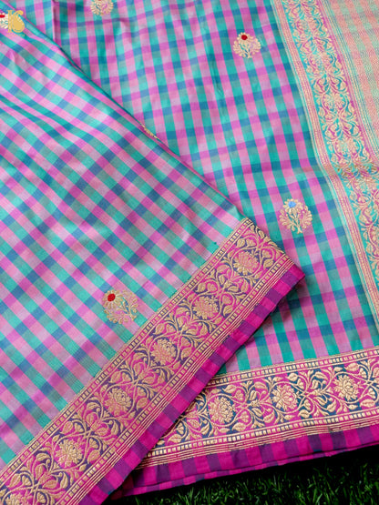 Banarasi Katan Silk Kadwa Charkhana Dupatta in Teal Pink Check