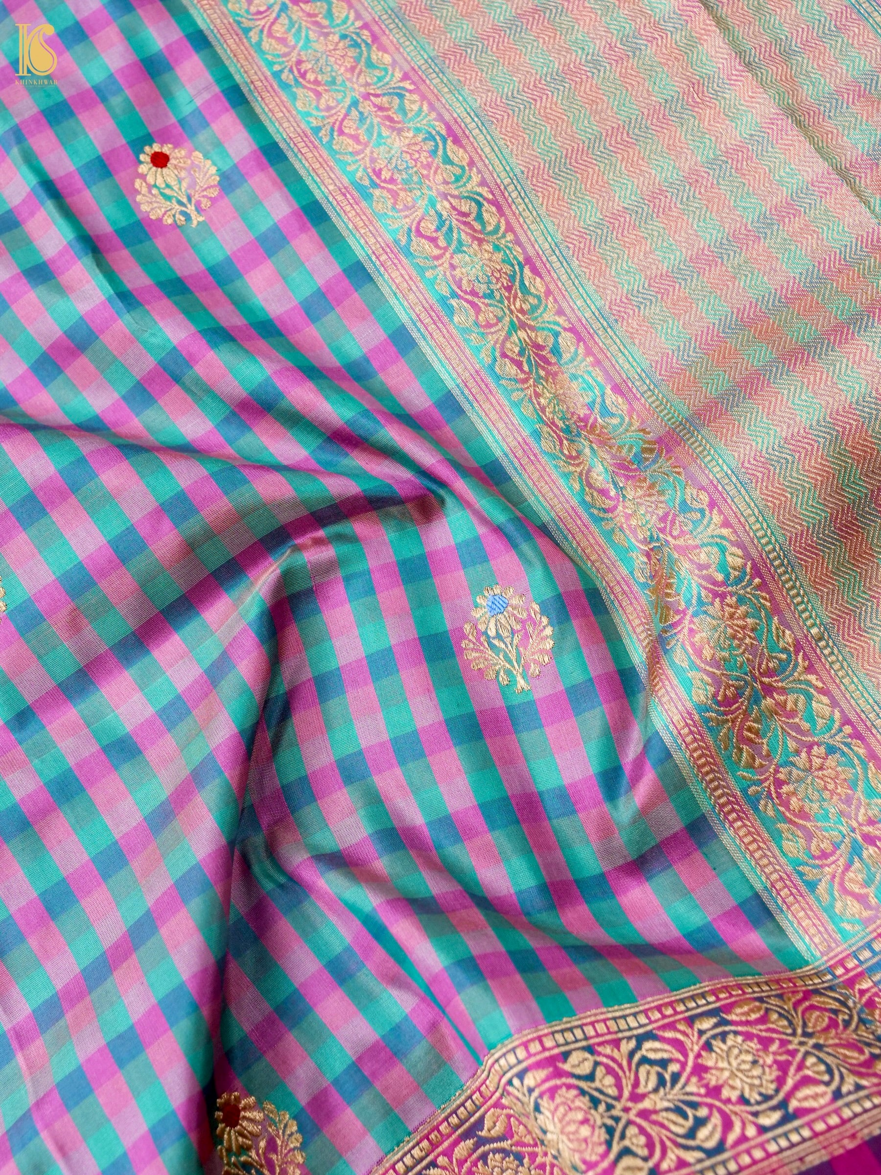 Banarasi Katan Silk Kadwa Charkhana Dupatta in Teal Pink Check