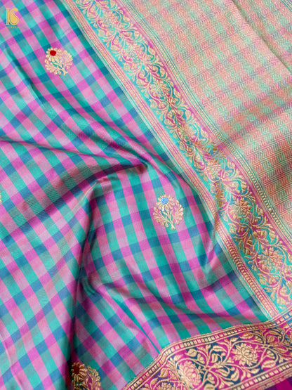 Banarasi Katan Silk Kadwa Charkhana Dupatta in Teal Pink Check