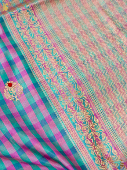Banarasi Katan Silk Kadwa Charkhana Dupatta in Teal Pink Check
