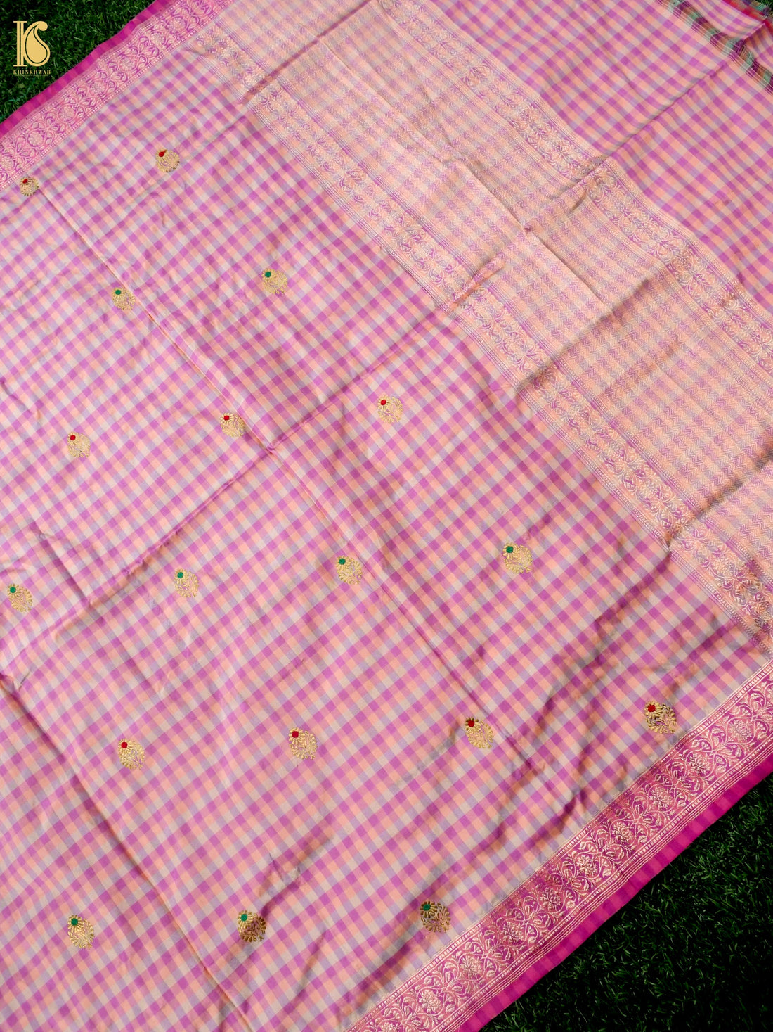 Banarasi Katan Silk Kadwa Charkhana Dupatta in Peach Lilac Check
