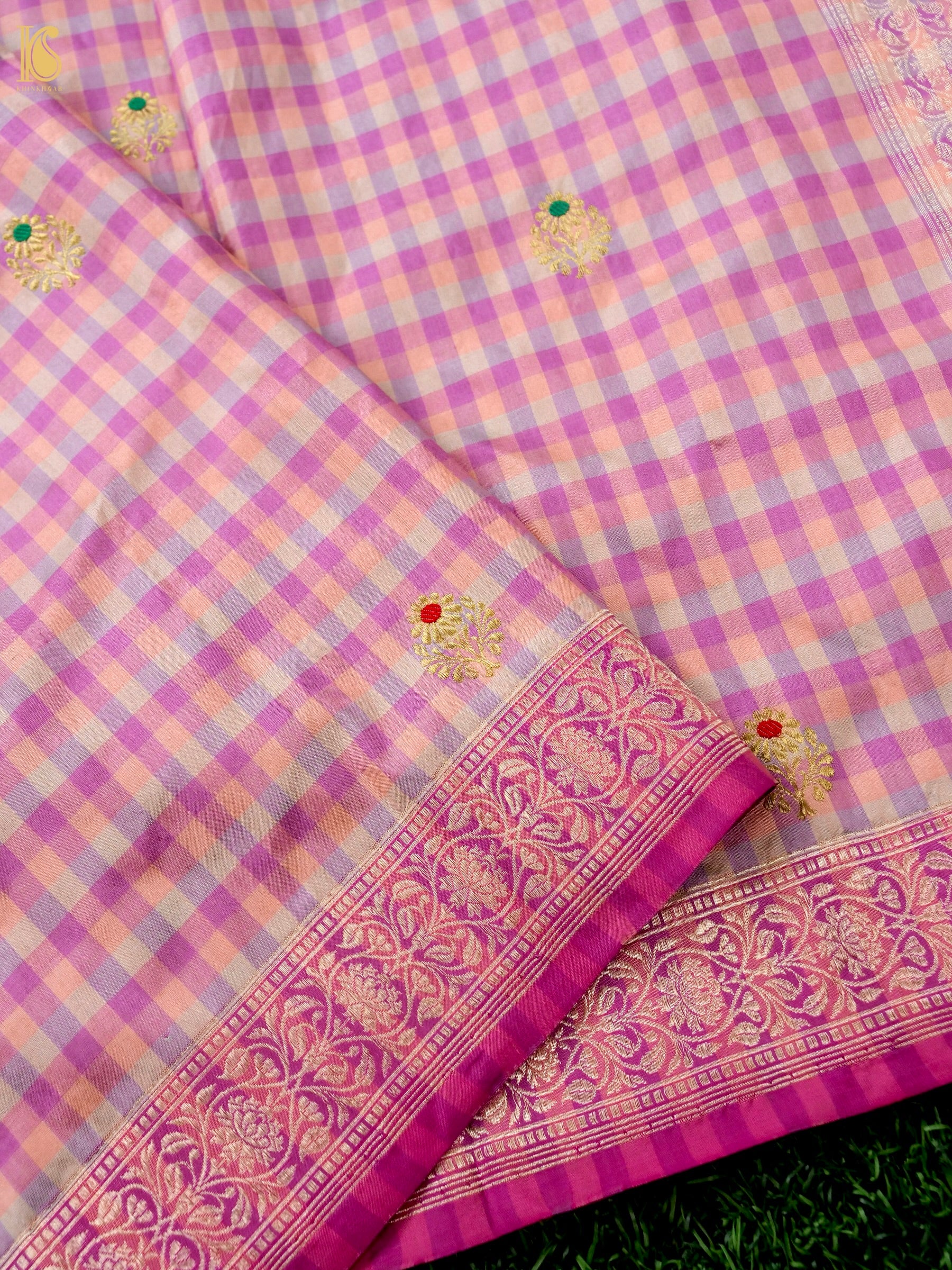 Banarasi Katan Silk Kadwa Charkhana Dupatta in Peach Lilac Check