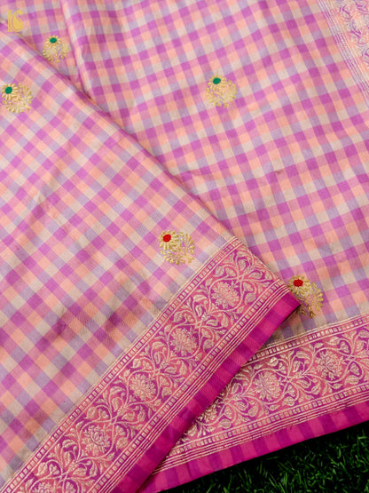 Banarasi Katan Silk Kadwa Charkhana Dupatta in Peach Lilac Check