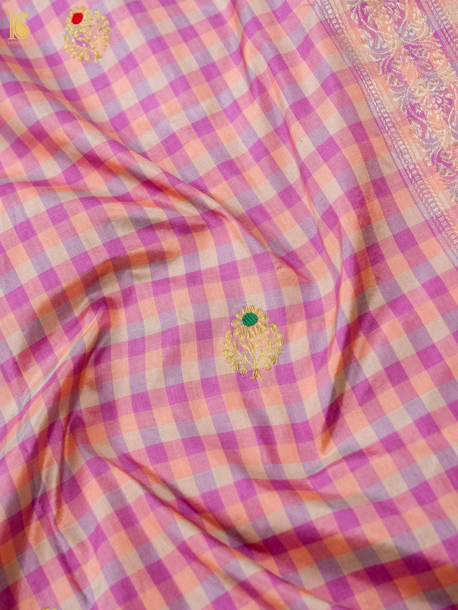 Banarasi Katan Silk Kadwa Charkhana Dupatta in Peach Lilac Check