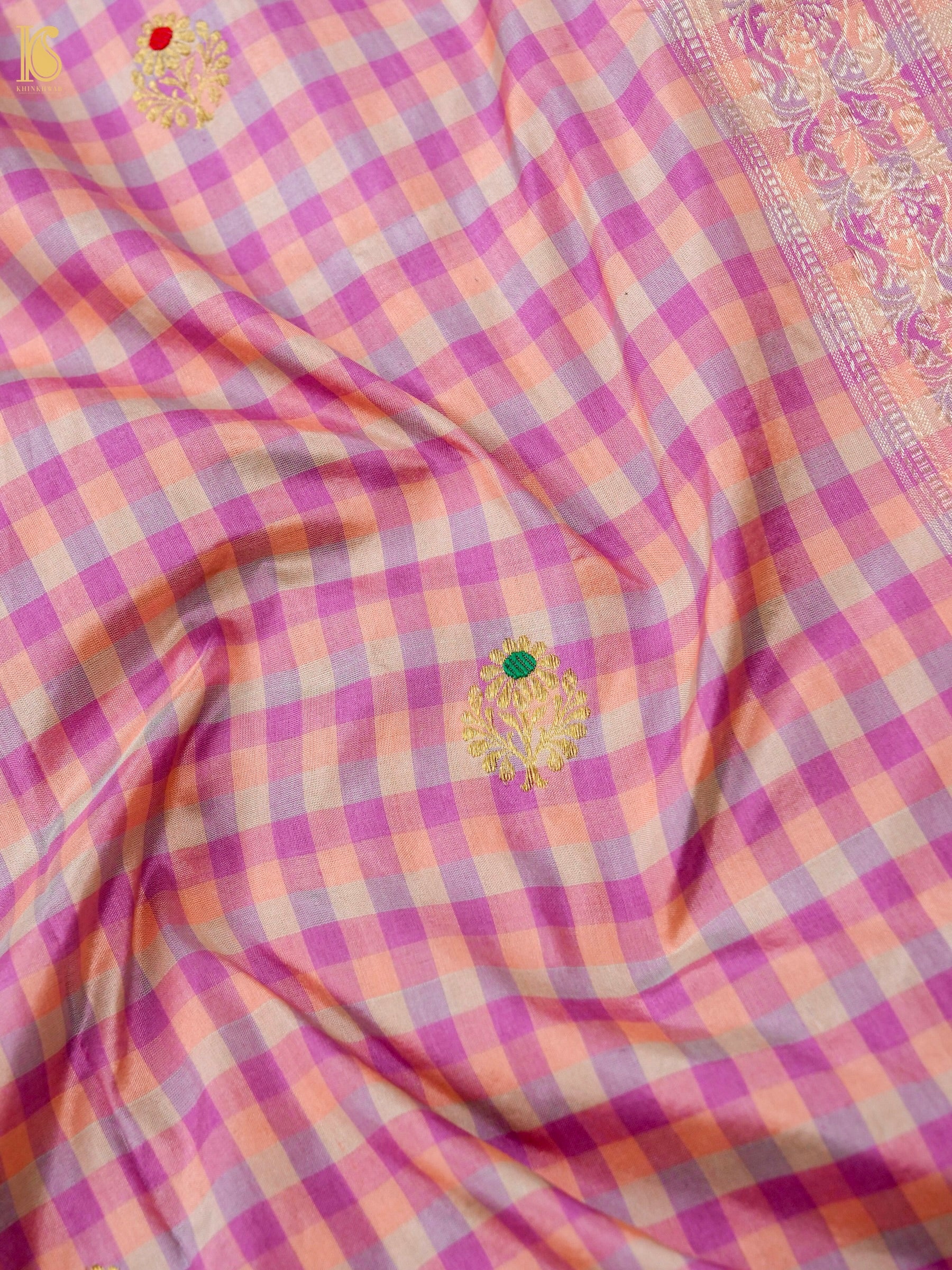 Banarasi Katan Silk Kadwa Charkhana Dupatta in Peach Lilac Check
