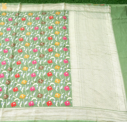 Khinkhwab Banarasi Tussar Georgette Meenakari cutwork saree in sage green