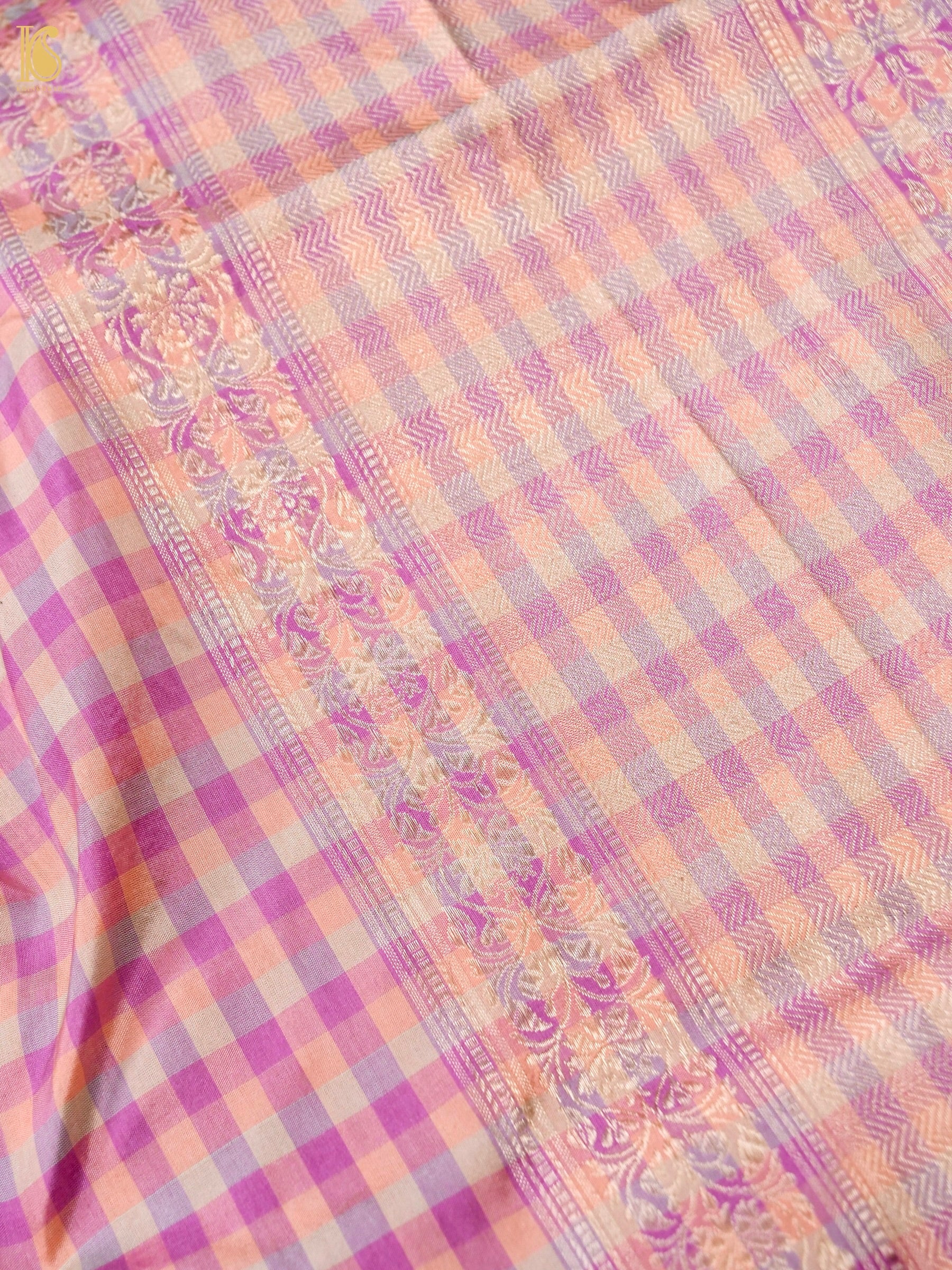 Banarasi Katan Silk Kadwa Charkhana Dupatta in Peach Lilac Check