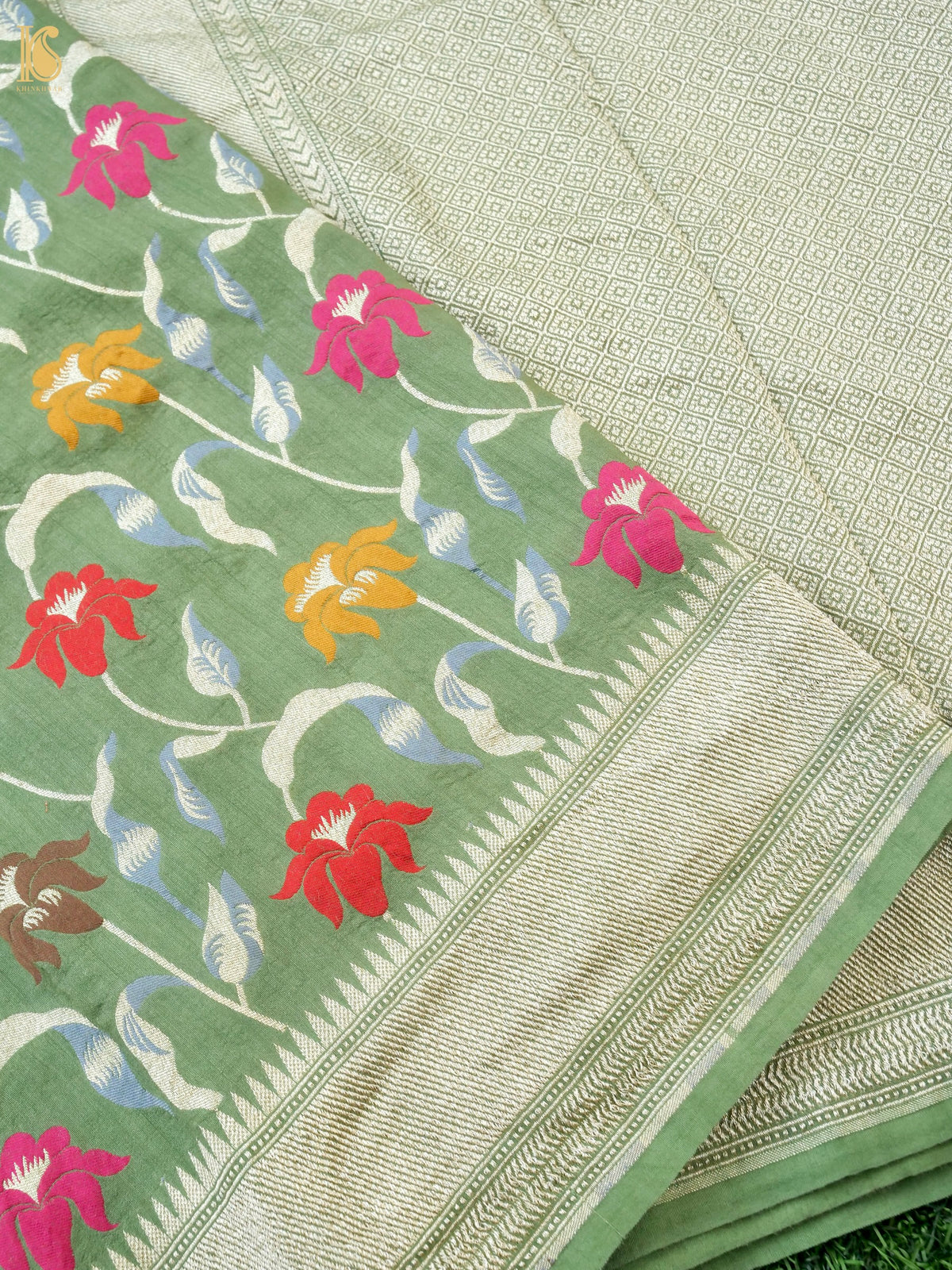 Khinkhwab Banarasi Tussar Georgette Meenakari cutwork saree in sage green