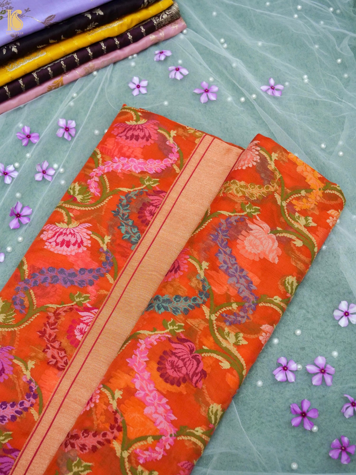 Banarasi Kora Cotton Ektara Kadwa Jaal Handwoven Saree in Rust Orange