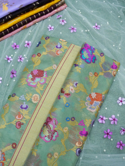 Banarasi Kora Cotton Ektara Kadwa Jaal Handwoven Saree in Sage Green