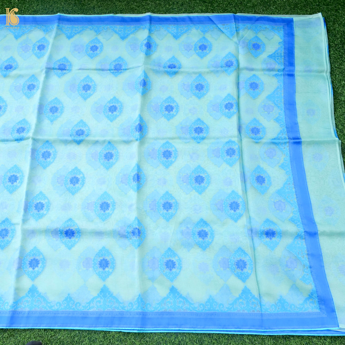 Handwoven Banarasi Organza Silk Saree in Ice Blue by Khinkhwab, featuring intricate Kora weaving and elegant silk fabric.