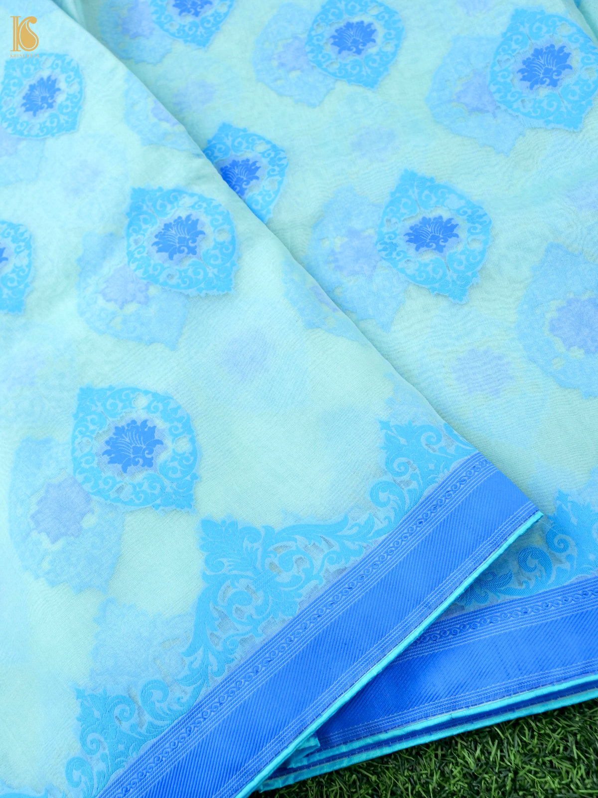 Handwoven Banarasi Organza Silk Saree in Ice Blue by Khinkhwab, showcasing intricate Kora embroidery and elegant silk fabric.