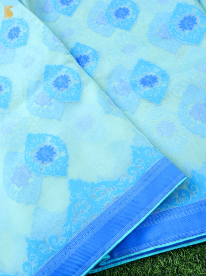 Handwoven Banarasi Organza Silk Saree in Ice Blue by Khinkhwab, showcasing intricate Kora embroidery and elegant silk fabric.