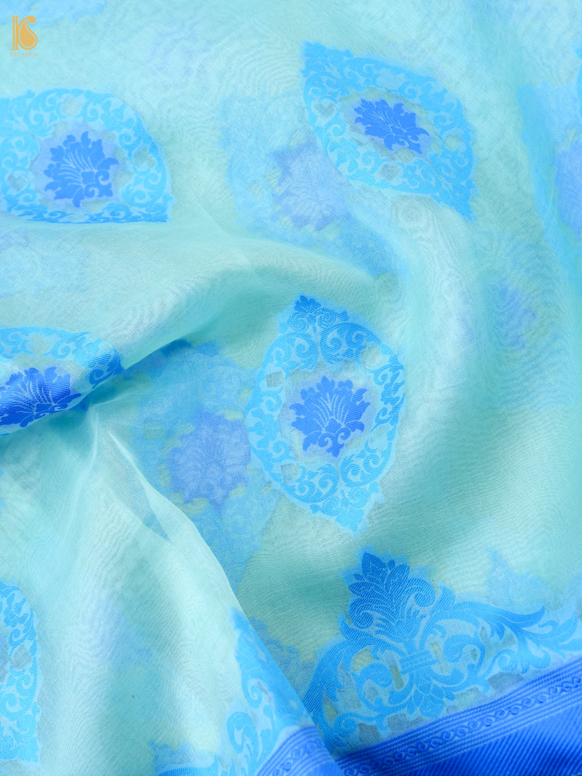 Handwoven Banarasi Organza Silk Saree in Ice Blue by Khinkhwab, featuring intricate Kora silk detailing and elegant drape.