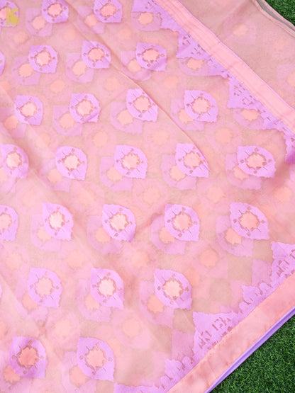Handwoven blush pink Banarasi Organza Silk Saree with intricate Kora detailing by Khinkhwab, showcasing elegant traditional craftsmanship.