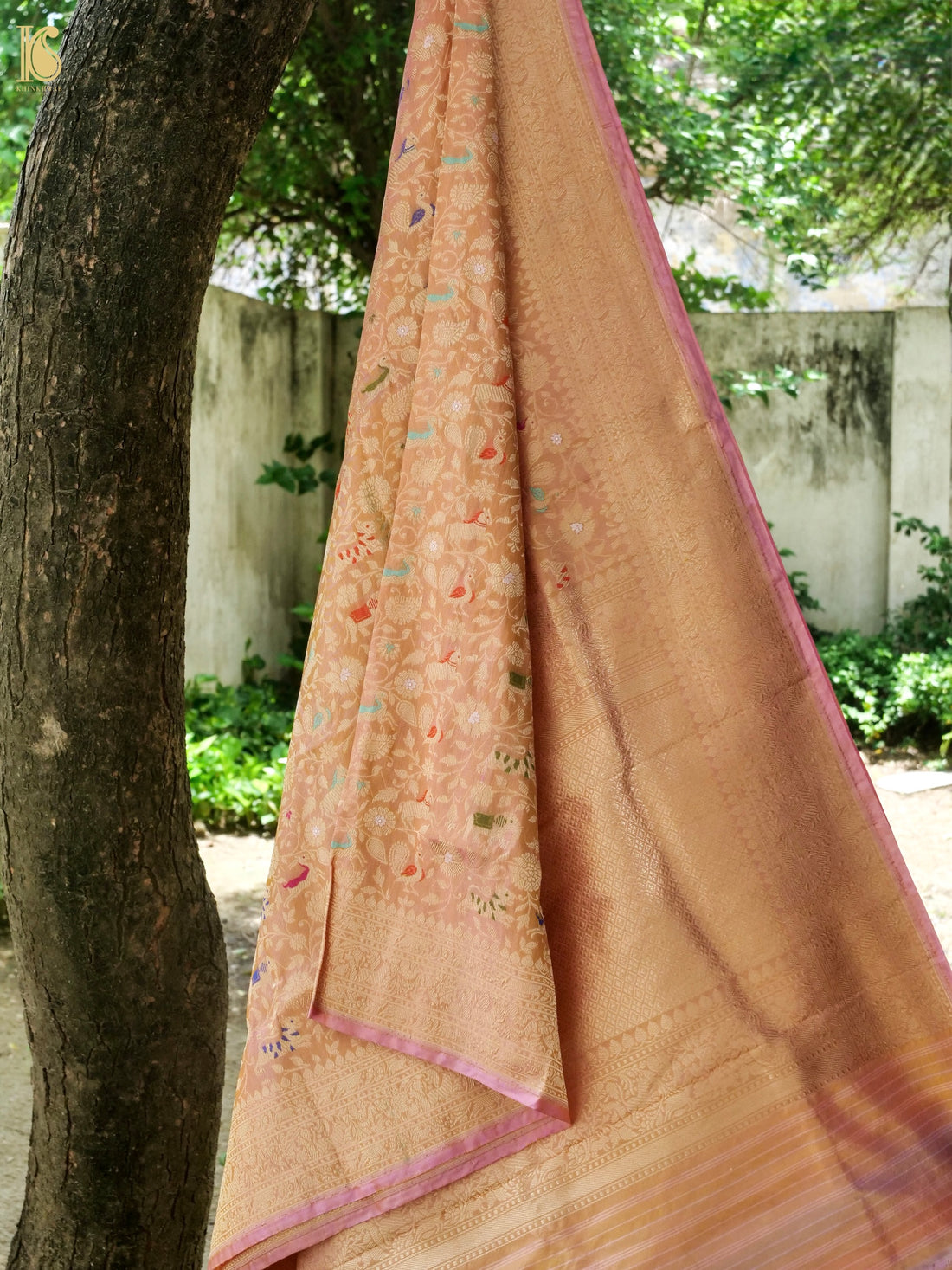 Handwoven Banarasi Katan Silk Shikargah Dupatta in Peach Gold
