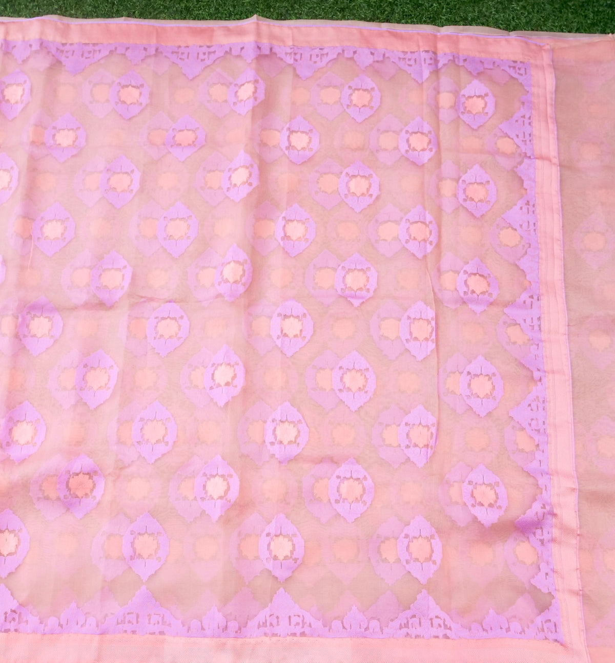 Handwoven Banarasi Organza Silk Saree in blush pink with intricate gold zari work, displayed in a traditional drape style.