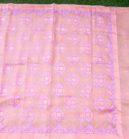 Handwoven Banarasi Organza Silk Saree in blush pink with intricate gold zari work, displayed in a traditional drape style.