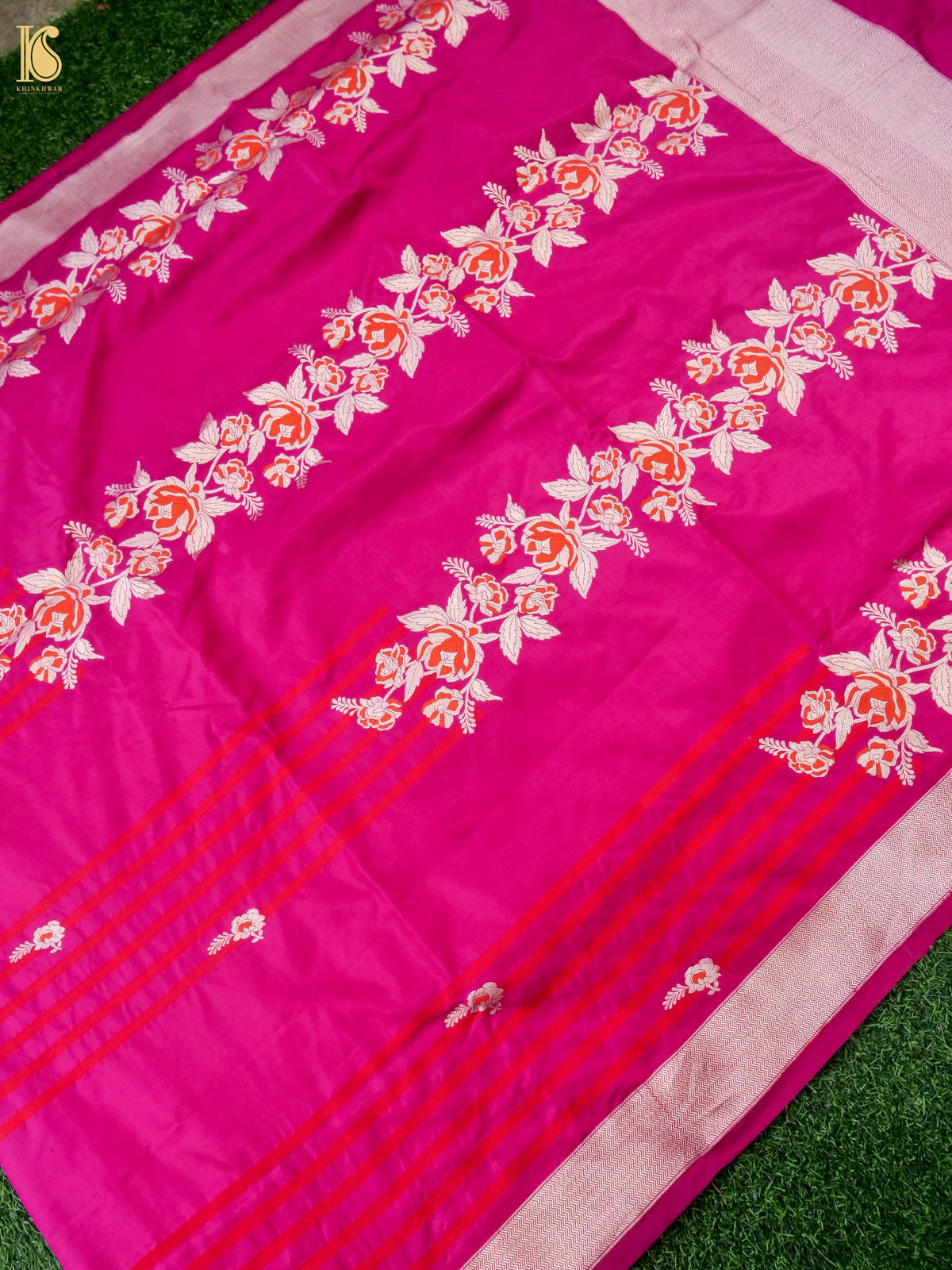 Rani pink Banarasi Katan Silk Ektara Handwoven Saree with intricate gold zari detailing, crafted by Naqsh.