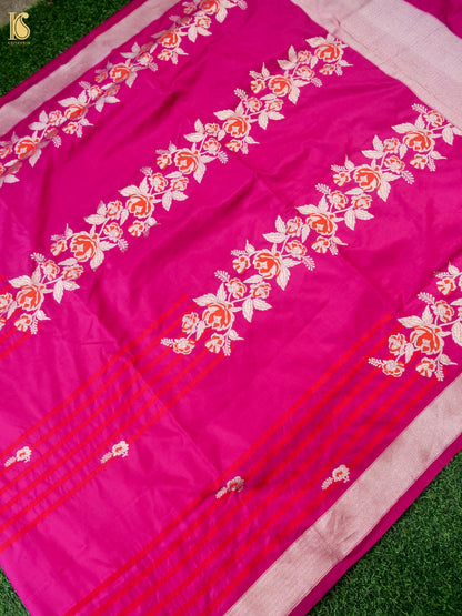 Rani pink Banarasi Katan Silk Ektara Handwoven Saree with intricate gold zari detailing, crafted by Naqsh.