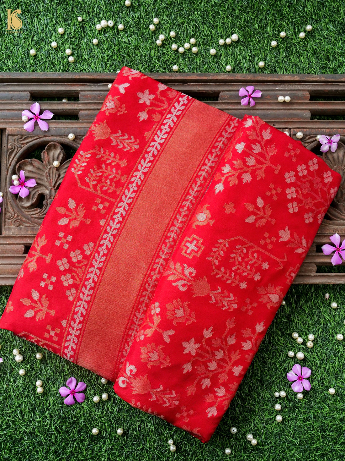 Banarasi Katan Silk Jamdani Saree in Tomato Red