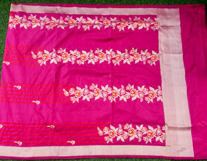 Rani pink Banarasi Katan Silk Ektara Handwoven Saree with intricate gold zari work, showcasing traditional craftsmanship.