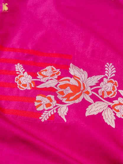 Rani pink Banarasi Katan Silk Ektara handwoven saree with intricate gold zari work, showcasing traditional craftsmanship.