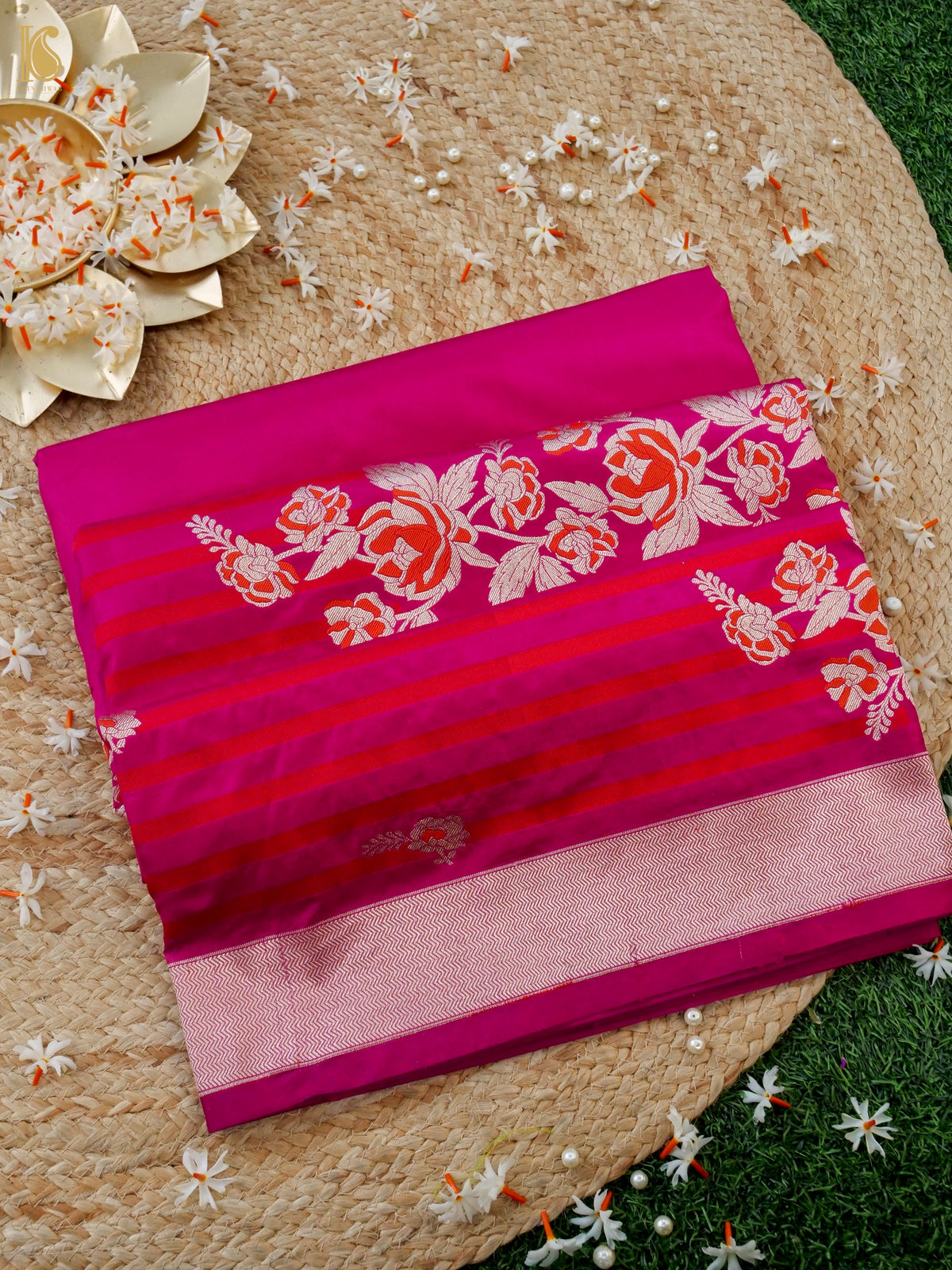 Rani Pink Banarasi Katan Silk Ektara Handwoven Saree with intricate gold zari work, showcasing traditional craftsmanship.