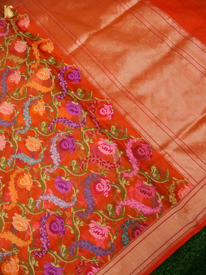 Banarasi Kora Cotton Ektara Kadwa Jaal Handwoven Saree in Rust Orange