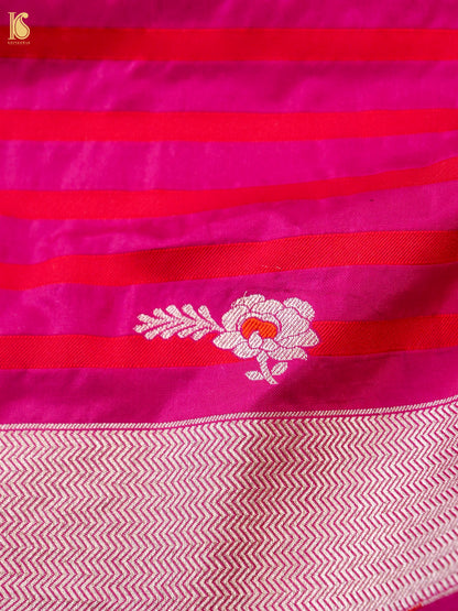 Rani pink Banarasi Katan Silk Ektara Handwoven Saree with intricate gold zari detailing, crafted by Khinkhwab.