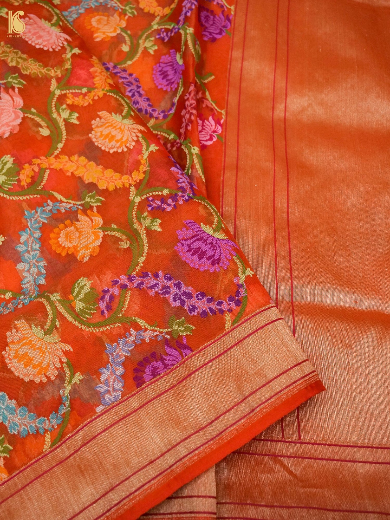 Banarasi Kora Cotton Ektara Kadwa Jaal Handwoven Saree in Rust Orange