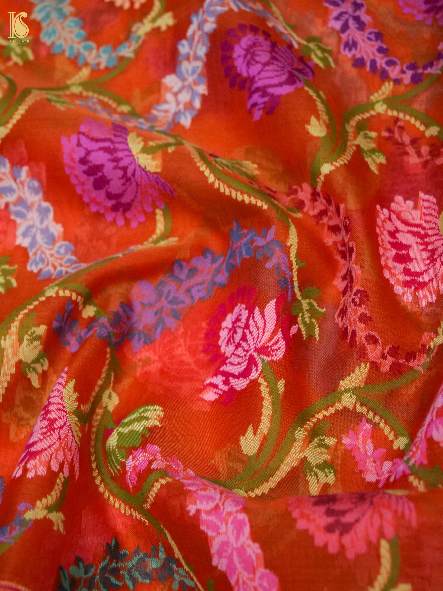 Banarasi Kora Cotton Ektara Kadwa Jaal Handwoven Saree in Rust Orange