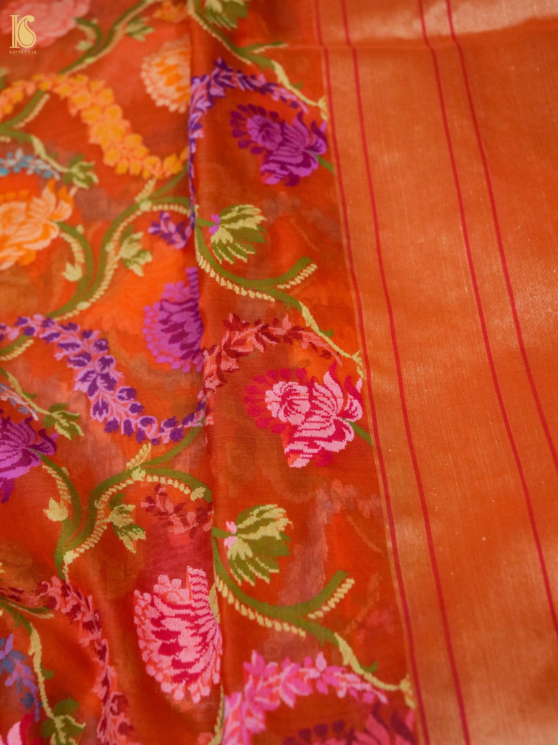 Banarasi Kora Cotton Ektara Kadwa Jaal Handwoven Saree in Rust Orange