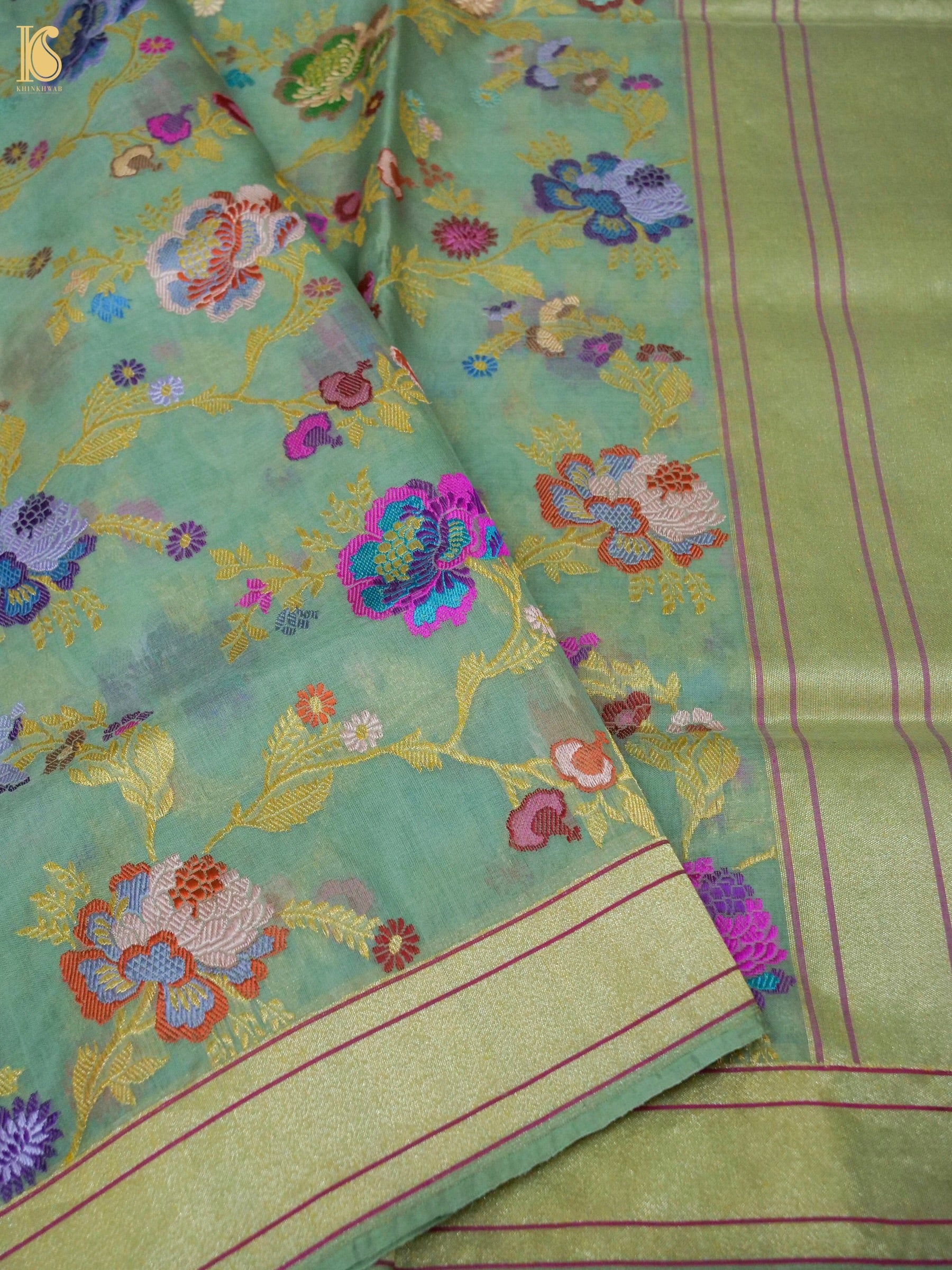 Banarasi Kora Cotton Ektara Kadwa Jaal Handwoven Saree in Sage Green