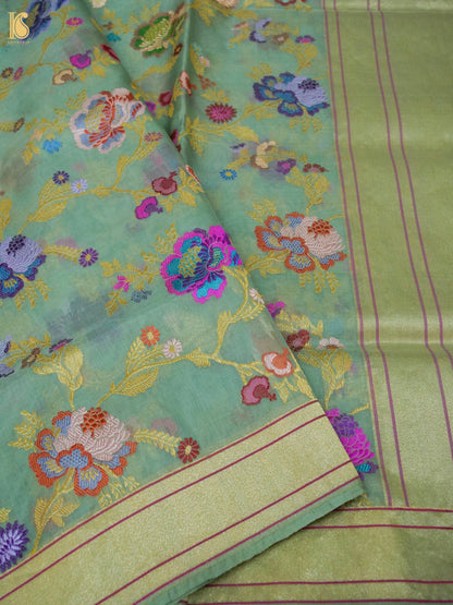 Banarasi Kora Cotton Ektara Kadwa Jaal Handwoven Saree in Sage Green