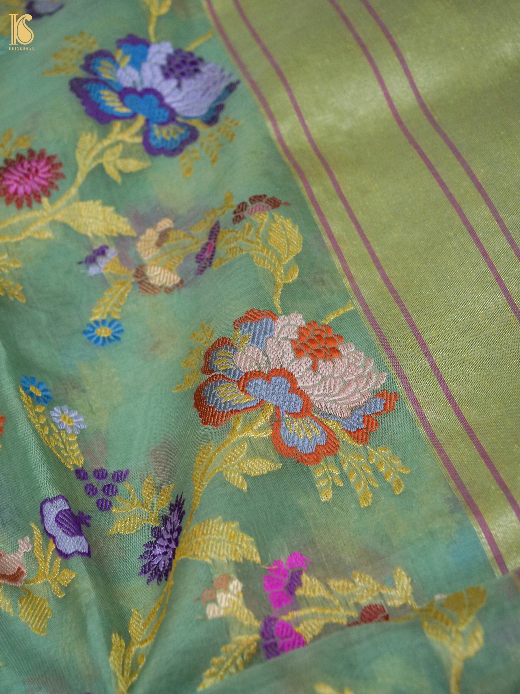Banarasi Kora Cotton Ektara Kadwa Jaal Handwoven Saree in Sage Green