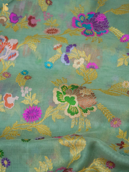 Banarasi Kora Cotton Ektara Kadwa Jaal Handwoven Saree in Sage Green