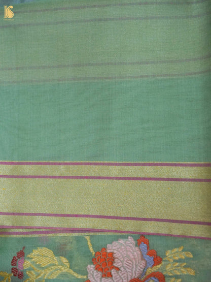 Banarasi Kora Cotton Ektara Kadwa Jaal Handwoven Saree in Sage Green
