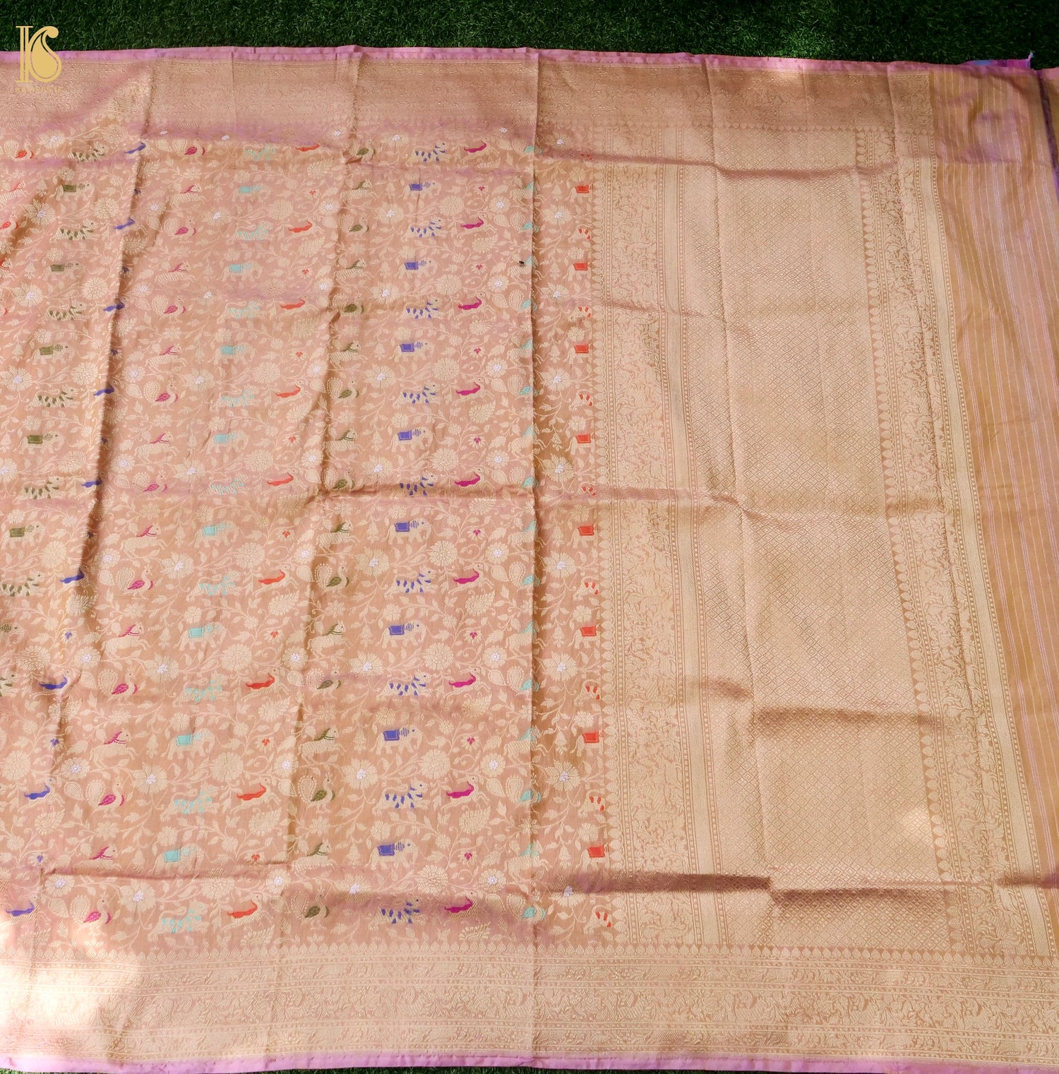 Handwoven Banarasi Katan Silk Shikargah Dupatta in Peach Gold