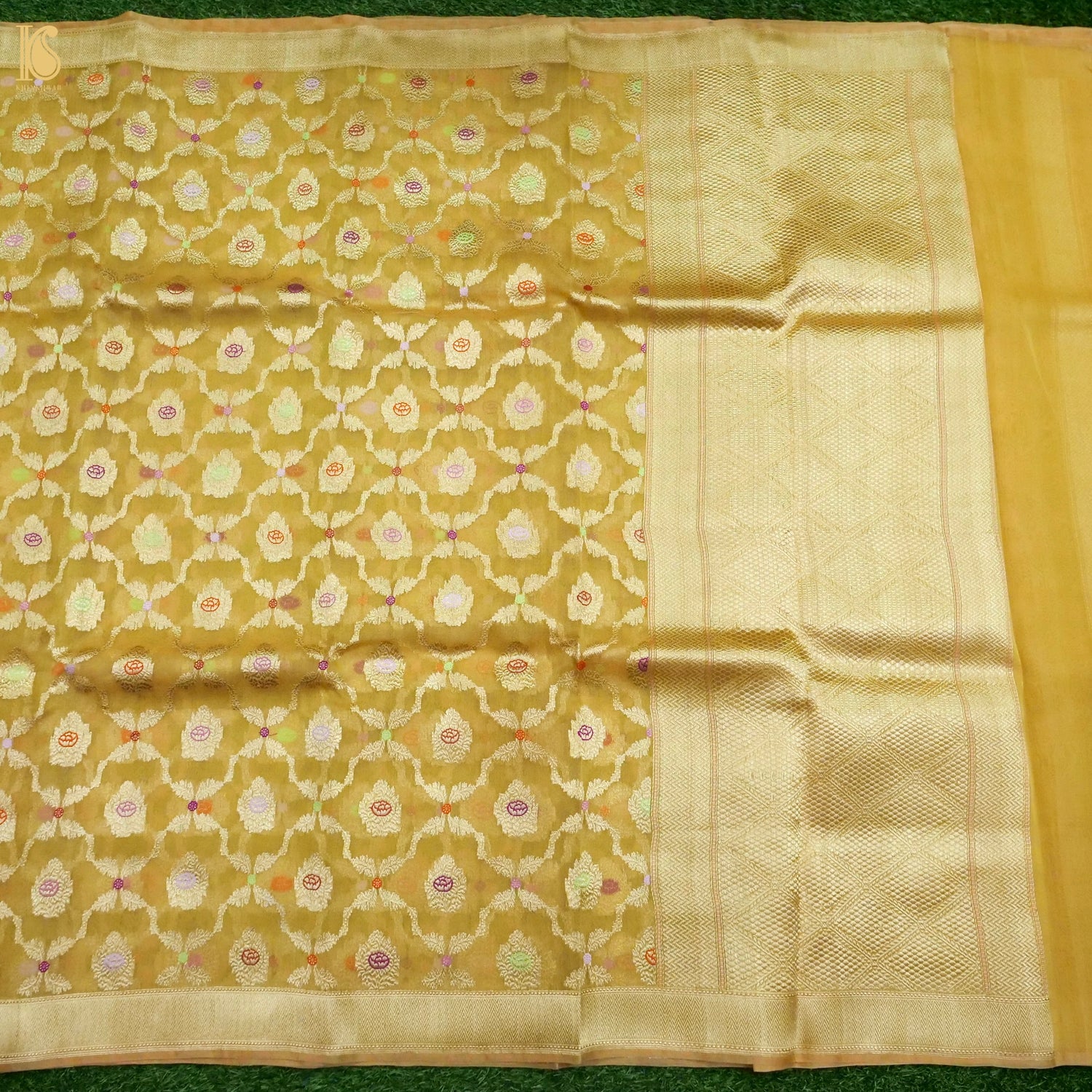 Banarasi Kora Silk Ektara Meenakari Handwoven Saree in Gold Beige