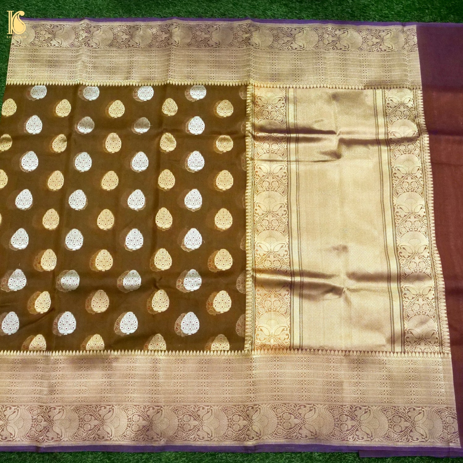 Banarasi Kora Silk Kadwa Kadiyal Handwoven Saree in Coffee Brown